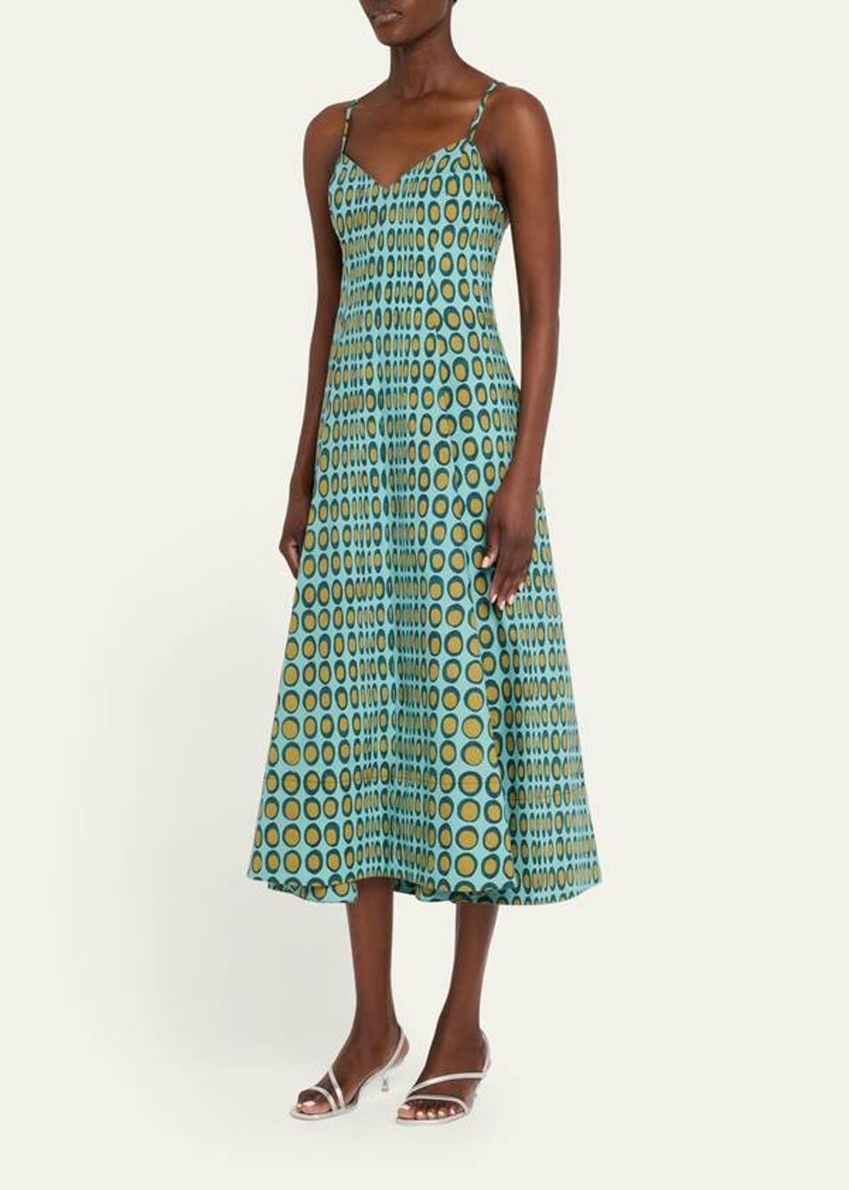 Christopher John Rogers Wiggle Dot V Neck Midi Dress in Agave 2 - Picture 1 of 5